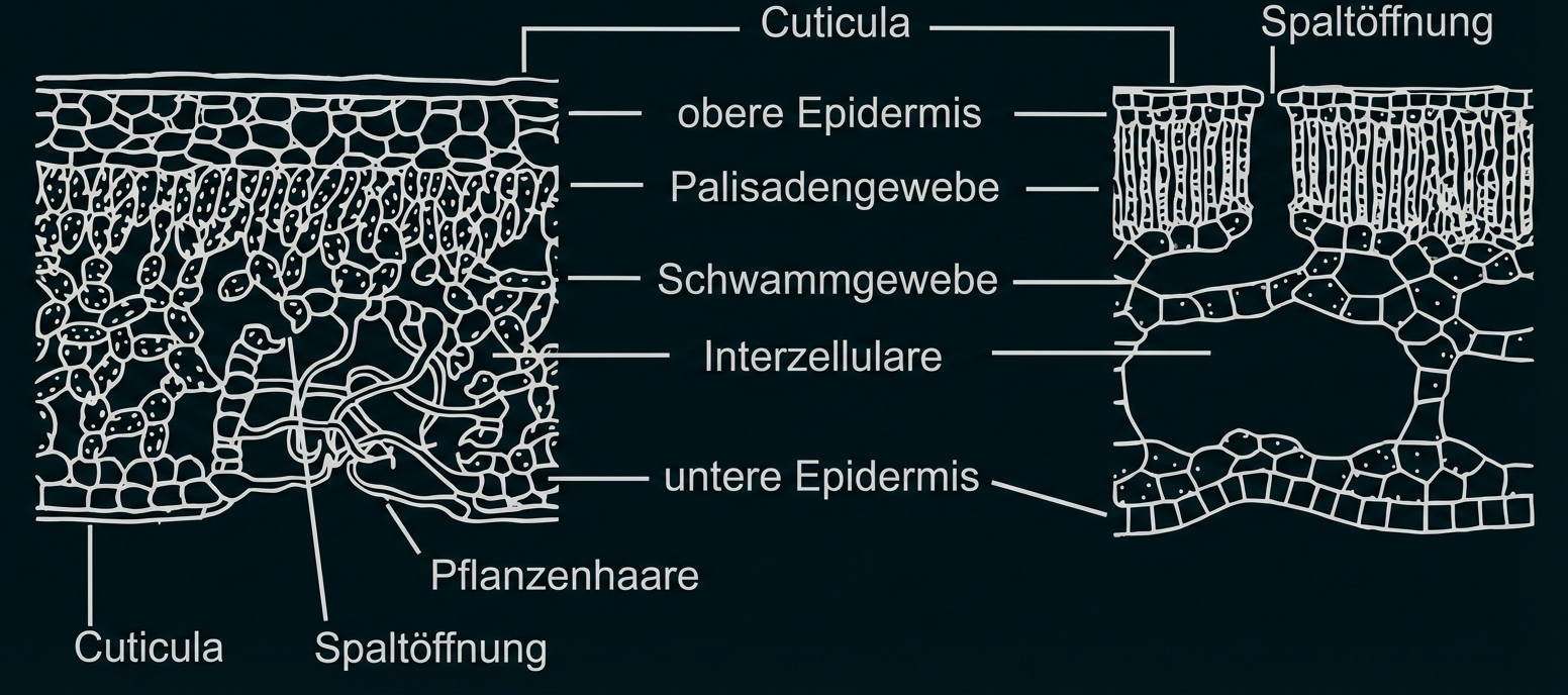 Skizze Querschnitt Blatt: Cuticula, obere/untere Epidermis, Palisaden- und Schwammgewebe, Spaltöffnungen und Pflanzenhaare.